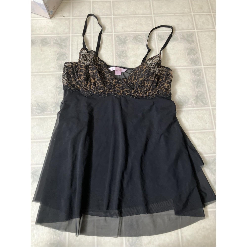 Victoria's Secret Large Black With Cheetah Bra Babydoll Teddy Short Negligee